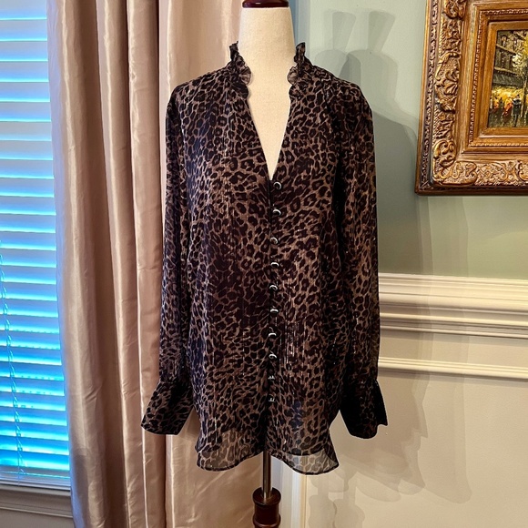 NWT Elie Tahari Leopard Cheetah Animal Print Ruffle Neck Blouse Top Shirt LARGE - Picture 1 of 6